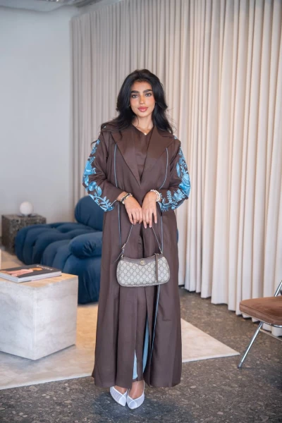 Brown blazer abaya with embroidery, made of natural linen C:IB331 Brown