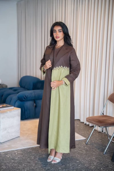 Brown and pistachio blazer abaya made of linen with hand embroidery C:IB332