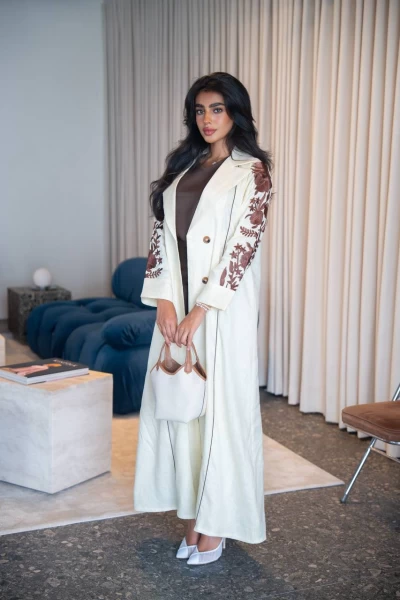Natural linen blazer abaya with embroidery C:IB331 White