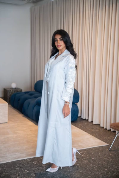 Sky blue blazer abaya with embroidery, made of natural linen. C:IB331 Blue