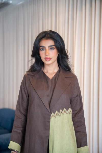 Brown and pistachio blazer abaya made of linen with hand embroidery C:IB332