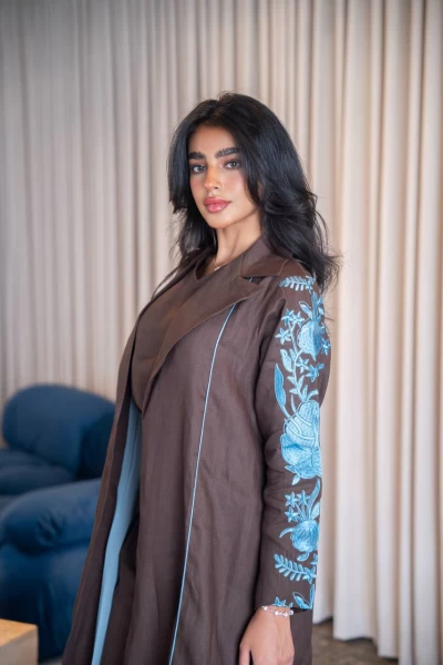 Brown blazer abaya with embroidery, made of natural linen C:IB331 Brown