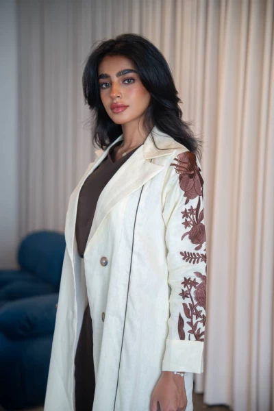 Natural linen blazer abaya with embroidery C:IB331 White